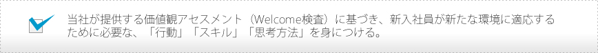 当社が提供する価値観アセスメント（Welcome検査）に基づき、新入社員が新たな環境に適応するために必要な、「行動」「スキル」「思考方法」を身につける。
